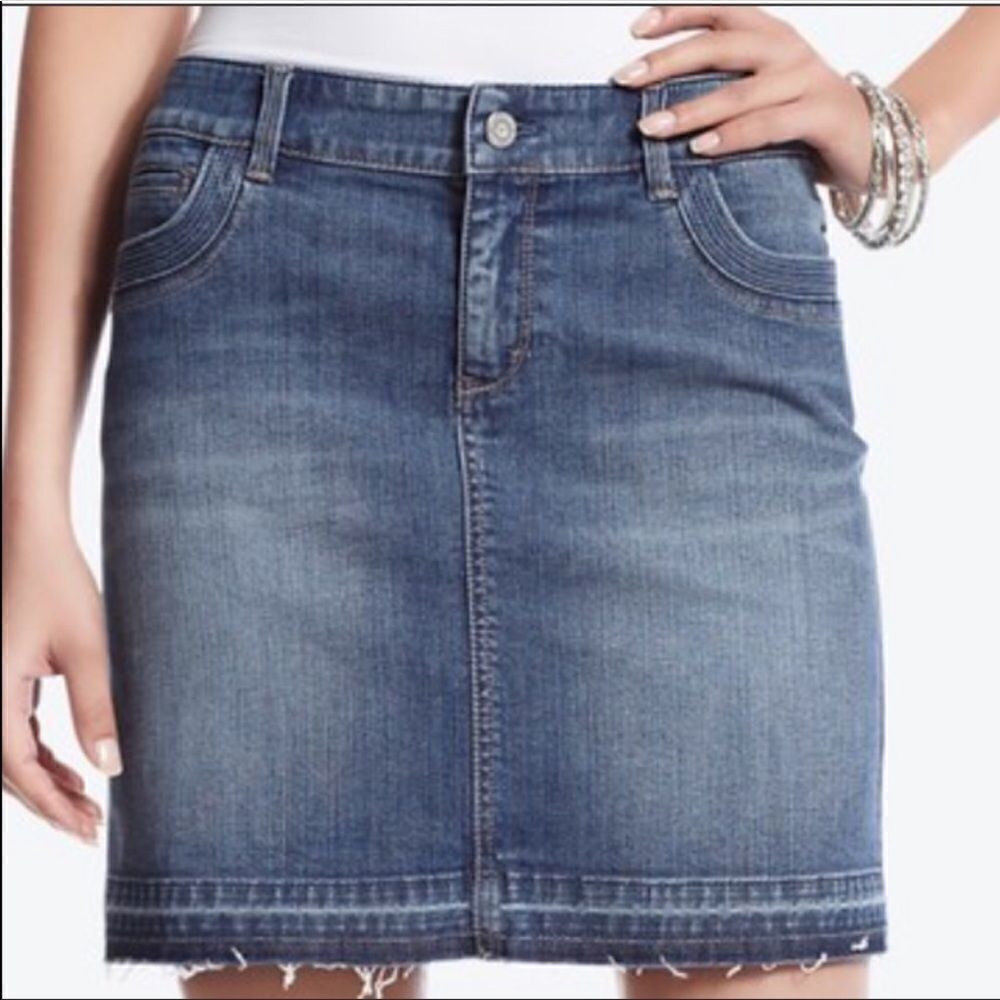 WHBM 4 Distressed Hem Indigo Denim Blue Mini Skirt